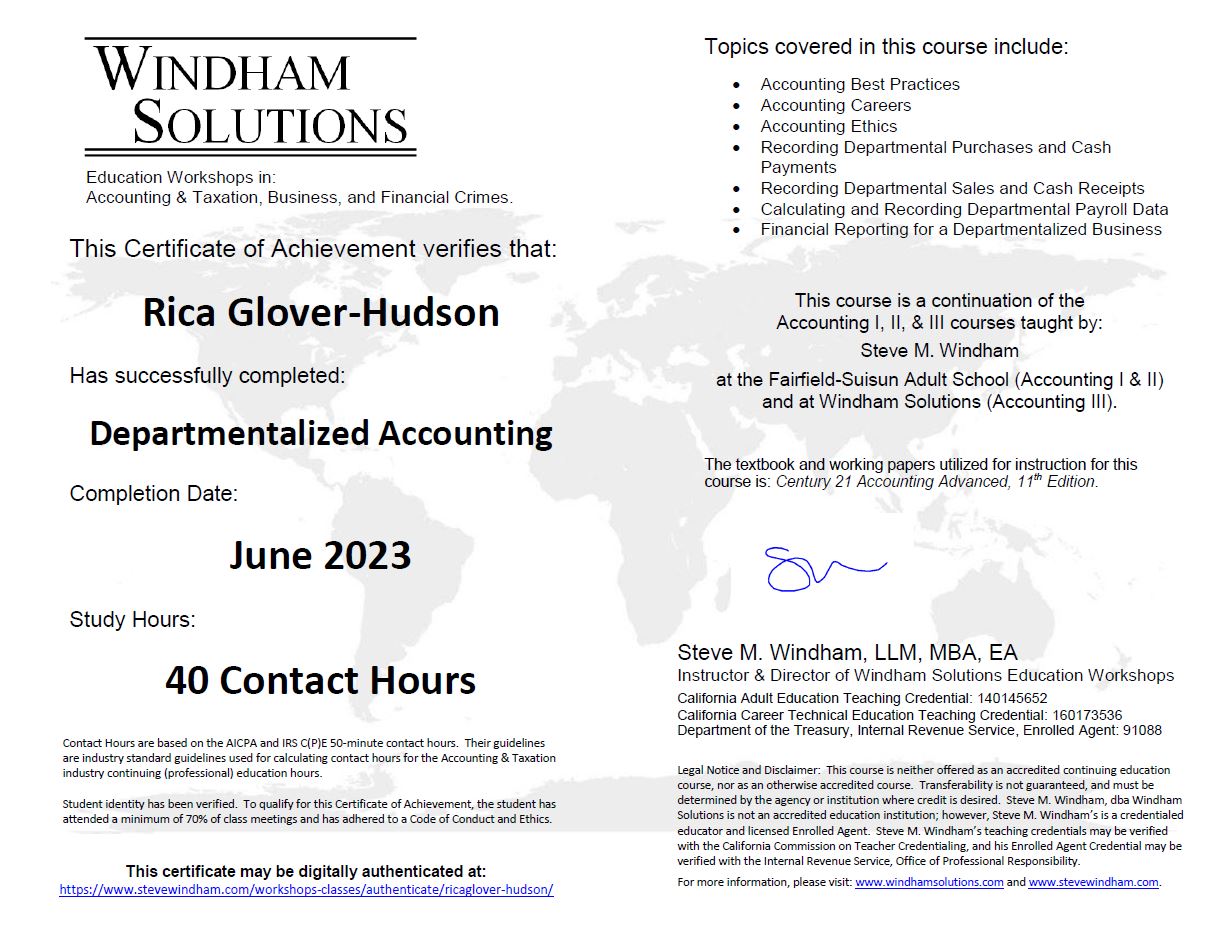 RICA GLOVER-HUDSON CERTIFICATION OF COMPLETION DEPARTMENTALIZED ACCOUNTING JUNE 2023